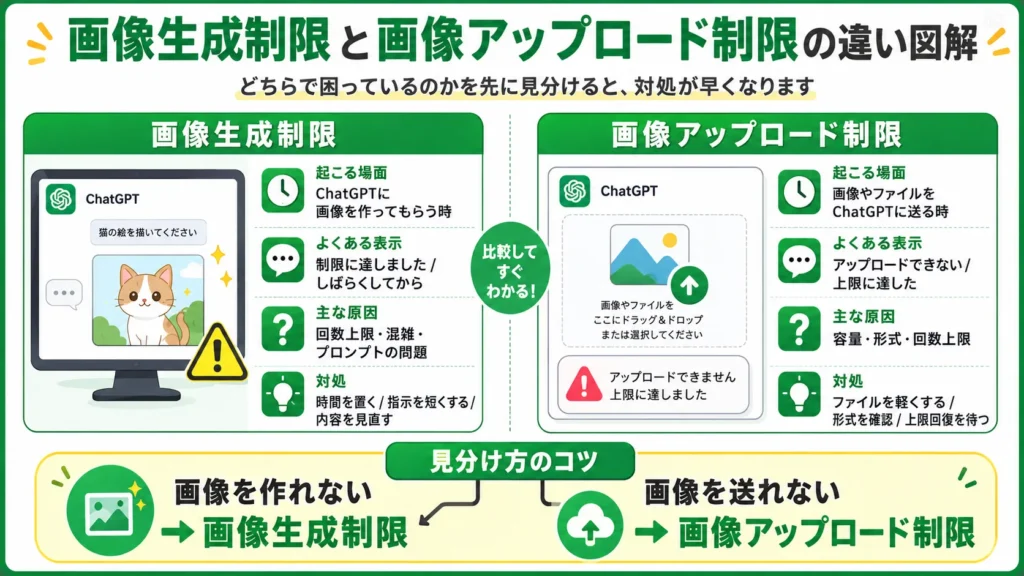 ChatGPTの画像生成制限と画像アップロード制限の違いを比較する図解